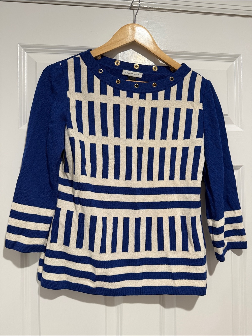 St. John Sport Blue and White Striped Knit Top